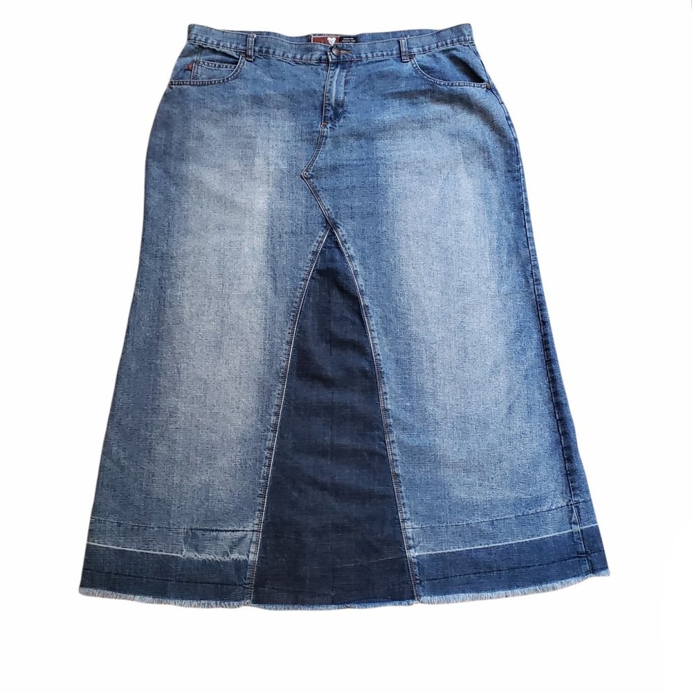 Patchwork Denim Frayed Hem Skirt Sz 24